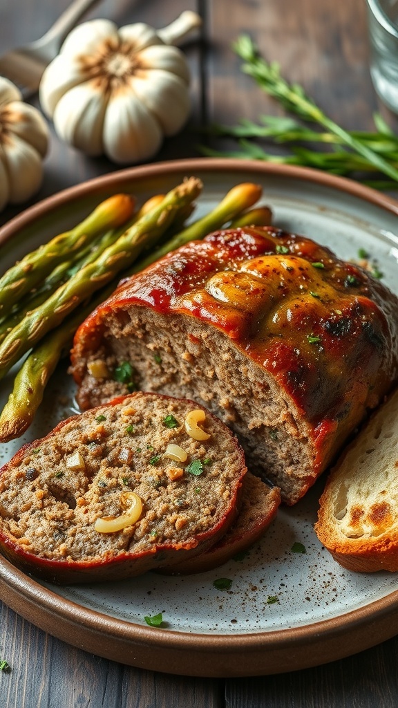 A delicious roasted garlic meatloaf served with asparagus and bread.