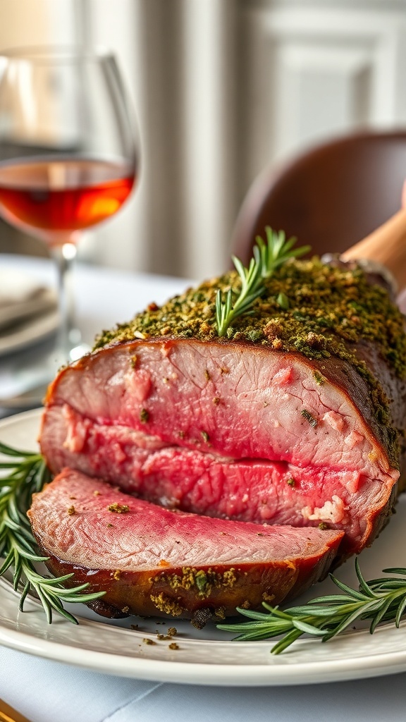 A beautifully roasted herb-crusted prime rib on a plate, garnished with rosemary, with a glass of red wine in the background.
