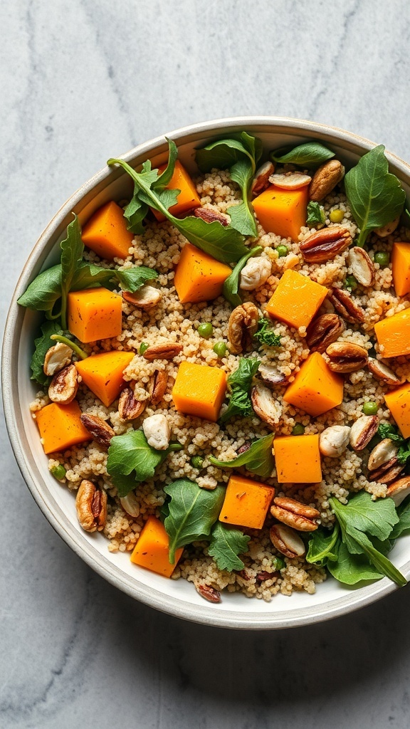 A bowl of roasted pumpkin and quinoa salad with greens and nuts