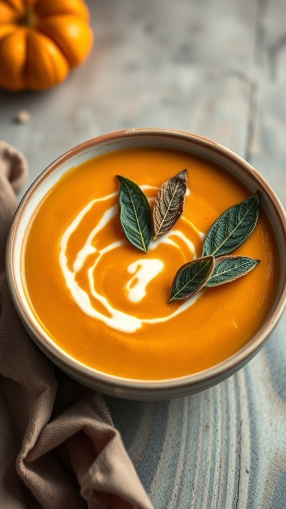 A bowl of creamy roasted pumpkin soup garnished with sage leaves.
