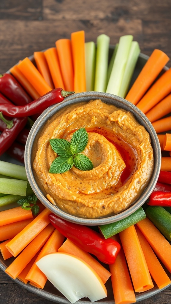 A bowl of roasted red pepper hummus surrounded by colorful vegetable sticks.