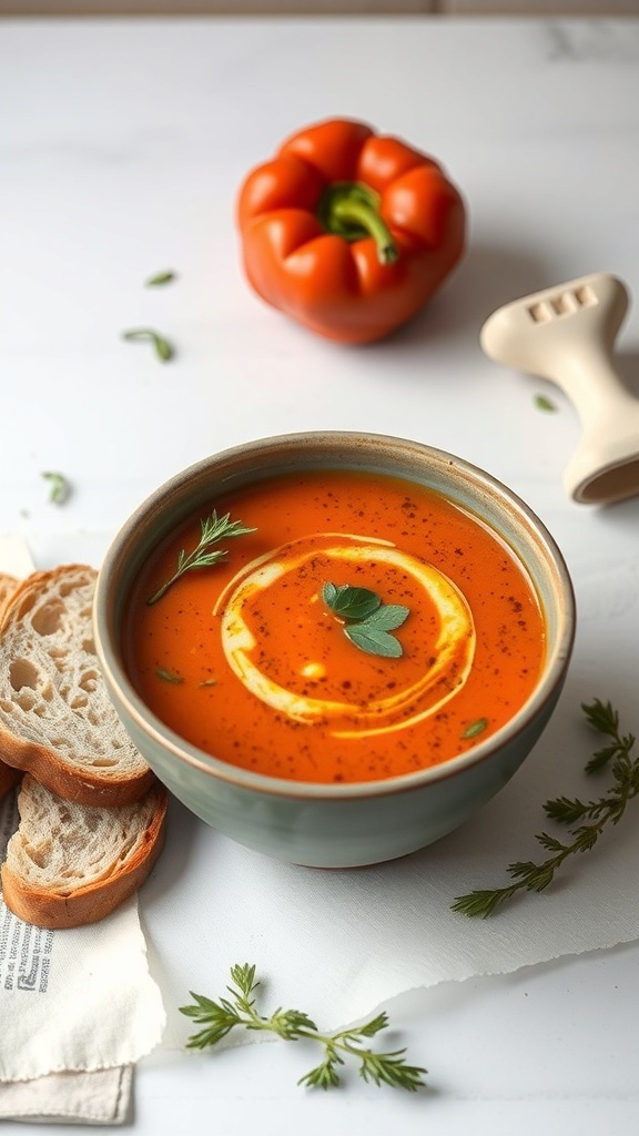 A bowl of roasted red pepper soup garnished with cream and herbs, with a red bell pepper and slices of bread in the background.