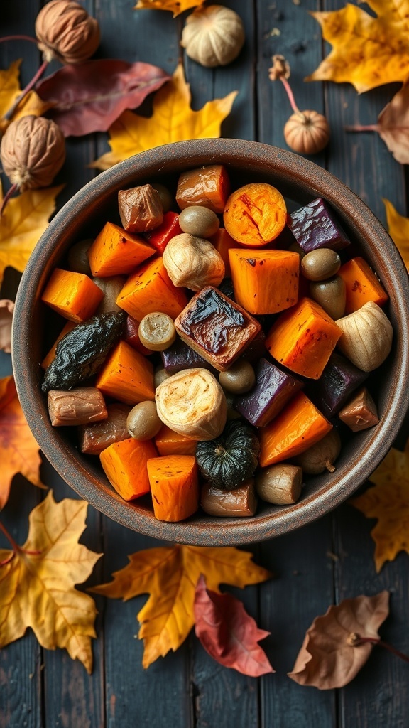 A bowl of roasted root vegetables including sweet potatoes, carrots, and beets, surrounded by autumn leaves and decorative gourds.