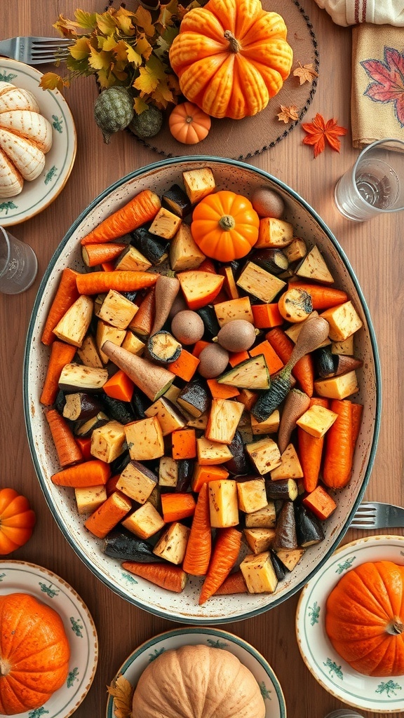 A colorful medley of roasted root vegetables including carrots, squash, and sweet potatoes, arranged beautifully on a platter with decorative pumpkins.