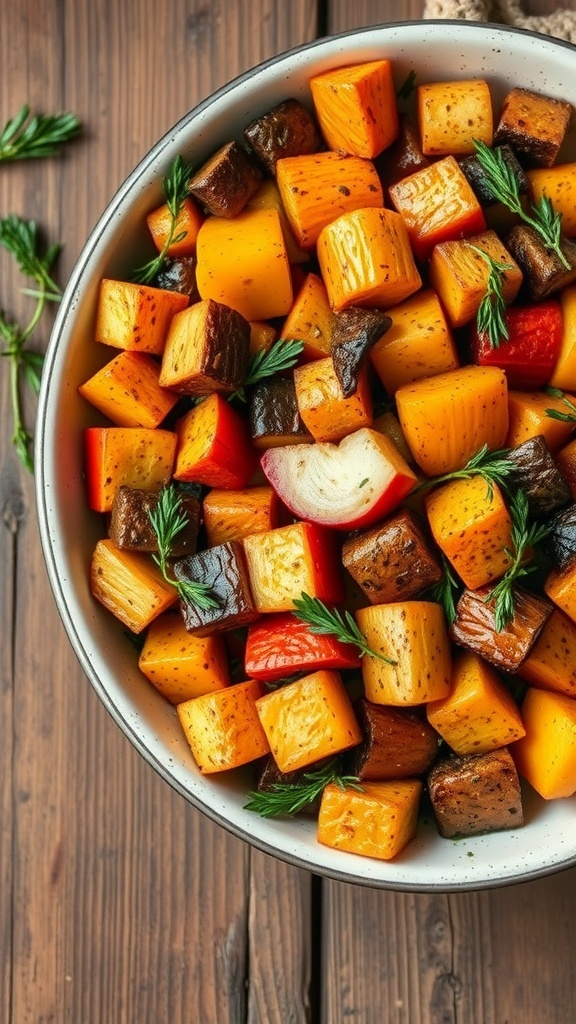 A bowl of roasted root vegetables including butternut squash, carrots, and beets, garnished with fresh herbs.