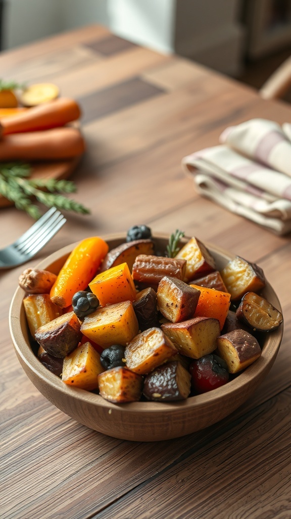 A bowl of roasted root vegetables including carrots, sweet potatoes, and beets on a wooden table.