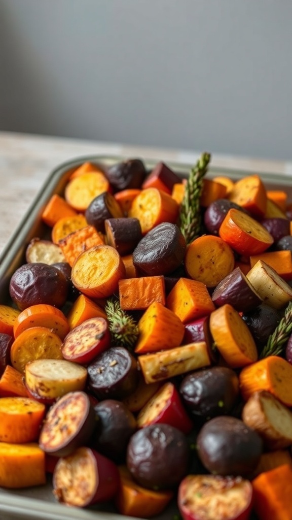 A colorful medley of roasted root vegetables including sweet potatoes, carrots, and beets, garnished with fresh herbs.
