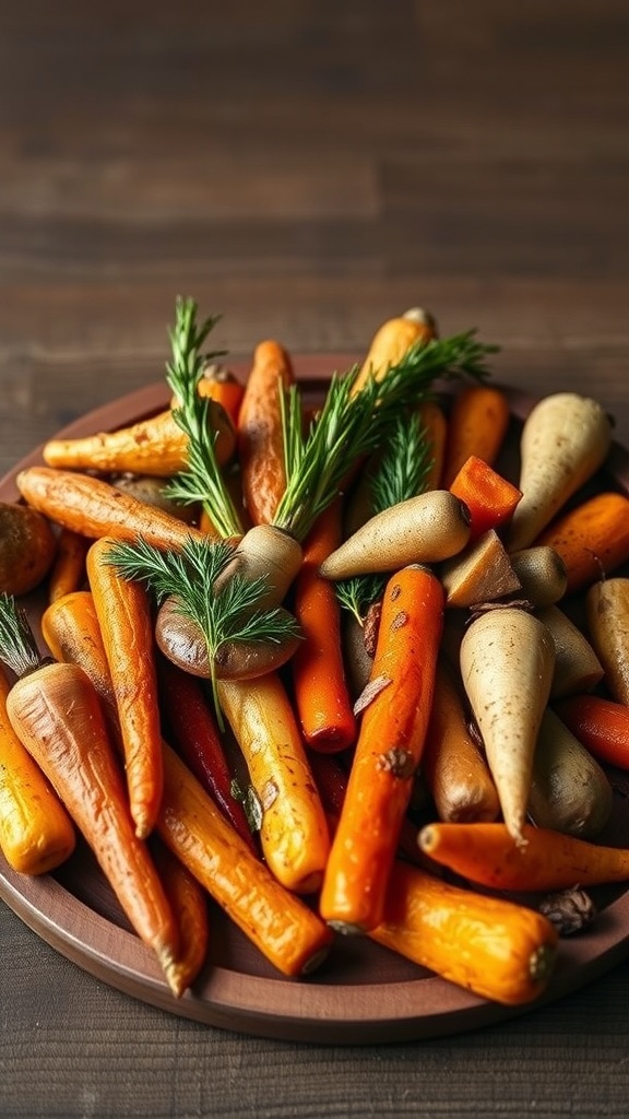 A medley of roasted root vegetables including carrots, parsnips, and potatoes, garnished with fresh herbs.
