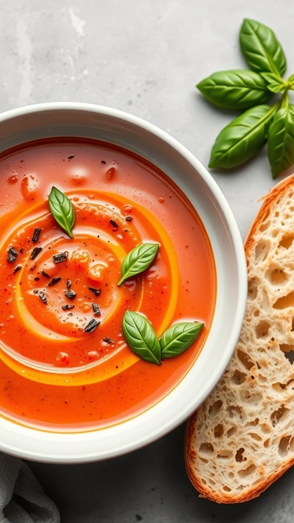 A bowl of roasted tomato and basil soup garnished with basil leaves, accompanied by a slice of bread.