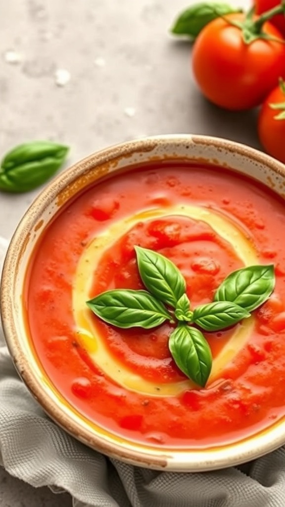 A bowl of roasted tomato basil soup garnished with fresh basil leaves.