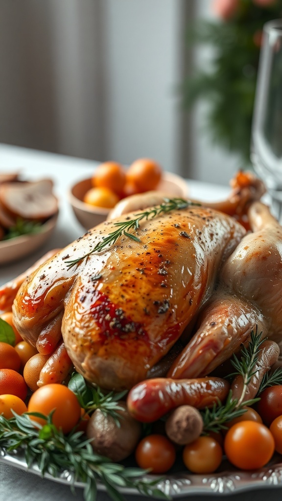 A beautifully roasted turkey breast garnished with herbs and surrounded by colorful vegetables.