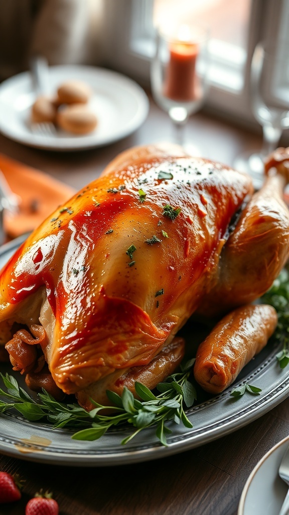 A beautifully roasted turkey with herb butter, garnished with fresh herbs, ready for Thanksgiving dinner.
