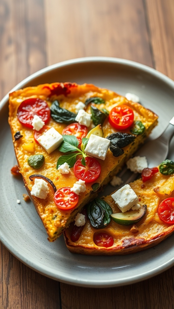A slice of roasted vegetable and feta frittata on a plate, garnished with fresh basil and cherry tomatoes.