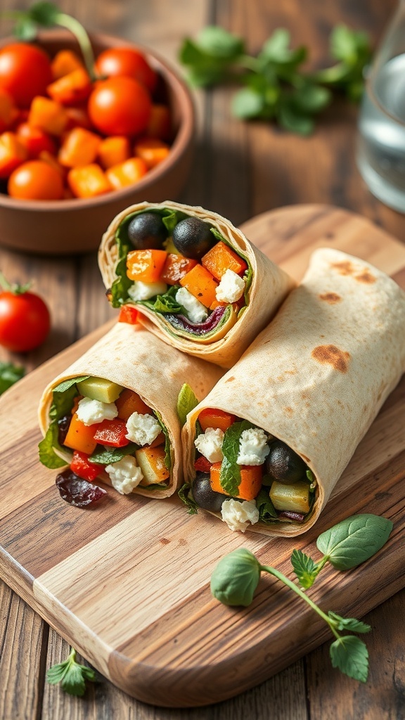 Two roasted vegetable and feta wraps on a wooden cutting board, with a bowl of cherry tomatoes in the background.