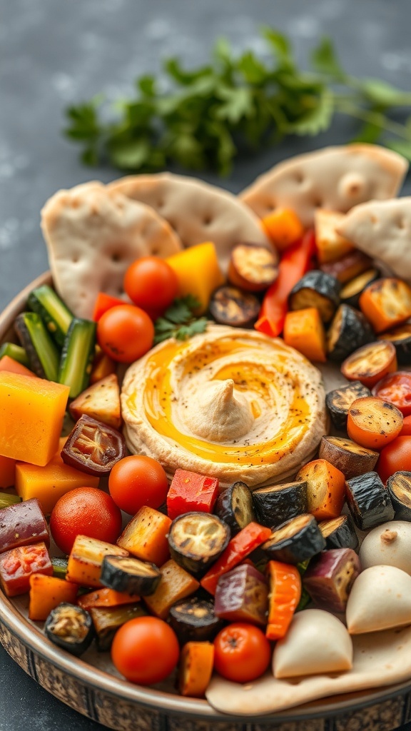 A colorful platter featuring roasted vegetables, hummus, and pita bread.