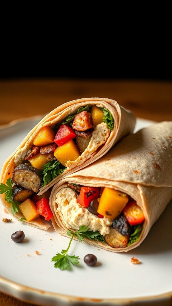 A close-up of a roasted vegetable and hummus wrap, showcasing colorful veggies and a creamy filling.