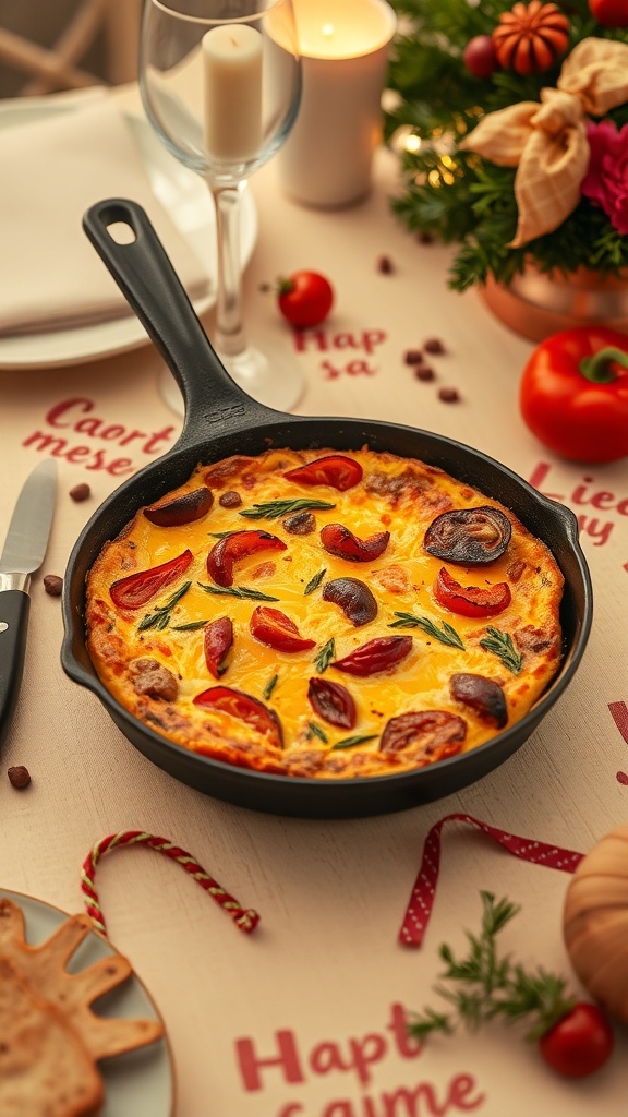 A roasted vegetable frittata in a skillet, surrounded by festive decorations for Christmas brunch.