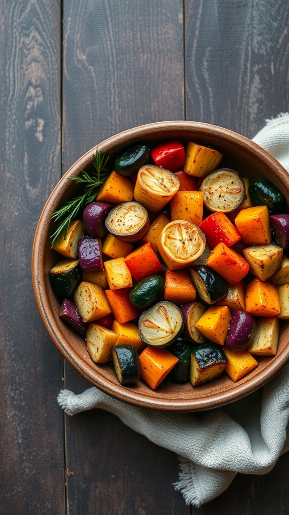 A bowl of roasted vegetable medley featuring colorful squash, potatoes, and onions.