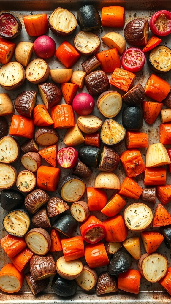 A colorful medley of roasted vegetables including sweet potatoes, carrots, beets, bell peppers, and onions.