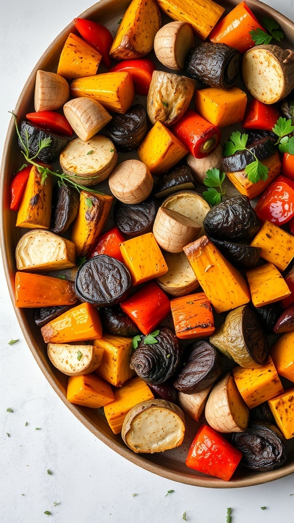 A colorful roasted vegetable medley featuring sweet potatoes, bell peppers, mushrooms, and zucchini.