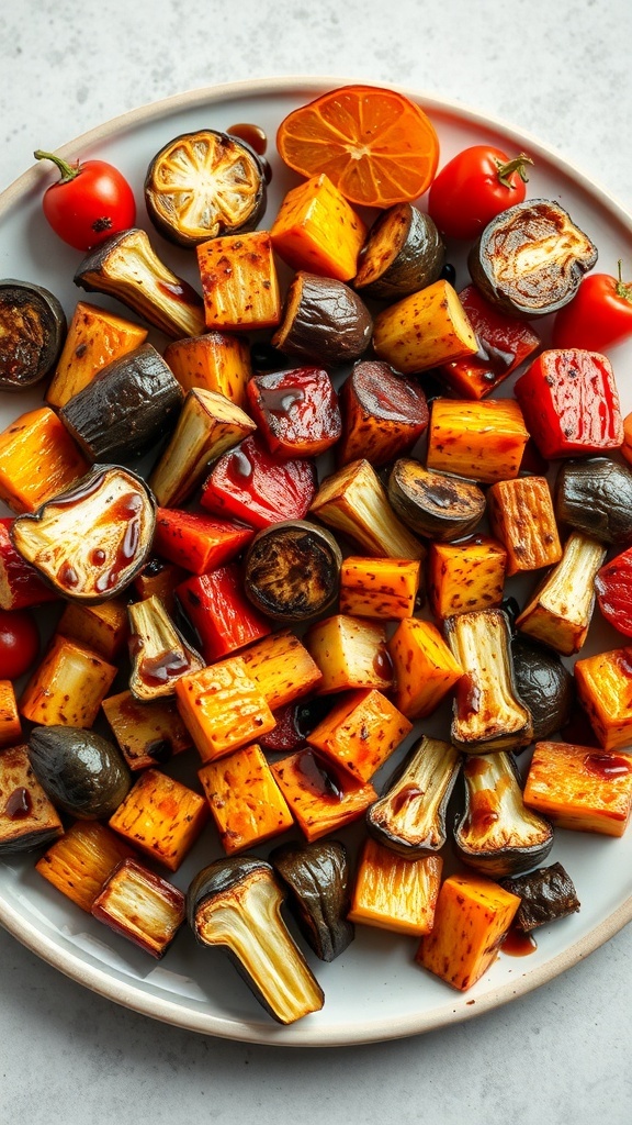 A colorful platter of roasted vegetables including sweet potatoes, bell peppers, eggplants, and cherry tomatoes.