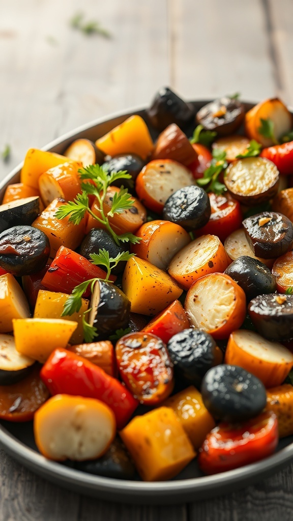 A colorful platter of roasted vegetables including sweet potatoes, bell peppers, beets, carrots, and zucchini garnished with parsley.