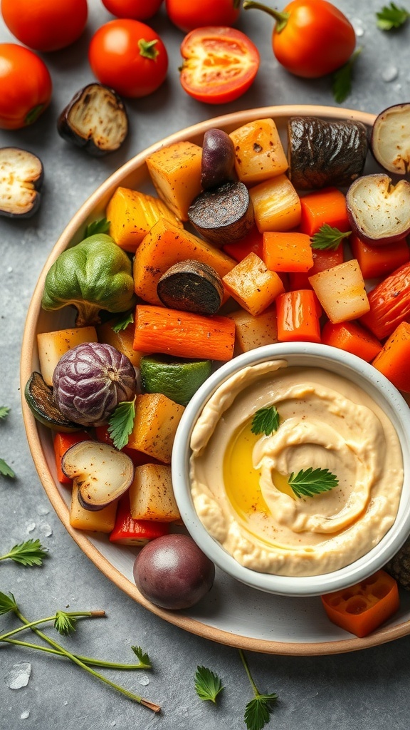 A colorful roasted vegetable platter with hummus, featuring bell peppers, zucchini, eggplant, and carrots.