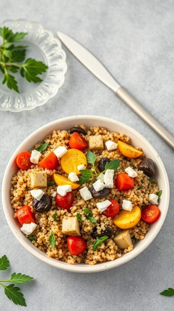 A bowl of roasted vegetable quinoa topped with cherry tomatoes, yellow squash, tofu, and feta cheese, garnished with parsley.