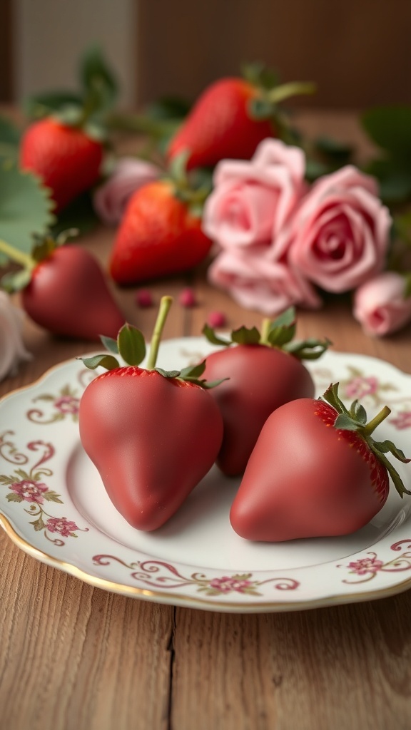 A plate of rose-flavored chocolate covered strawberries surrounded by fresh roses.