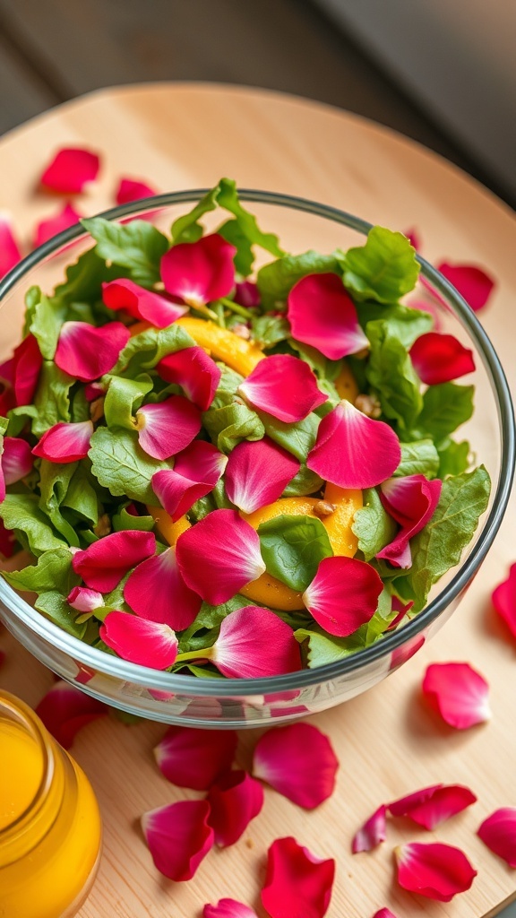 A bowl of salad with mixed greens and rose petals, garnished with mango slices.
