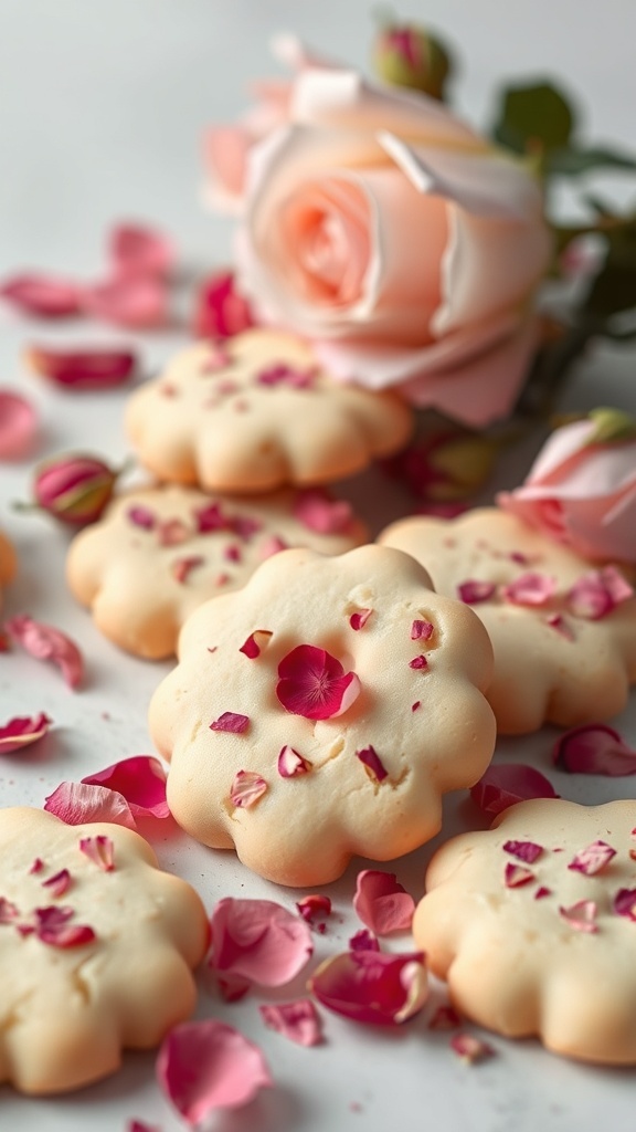 Rose petal infused shortbread cookies decorated with rose petals and a soft pink rose in the background.