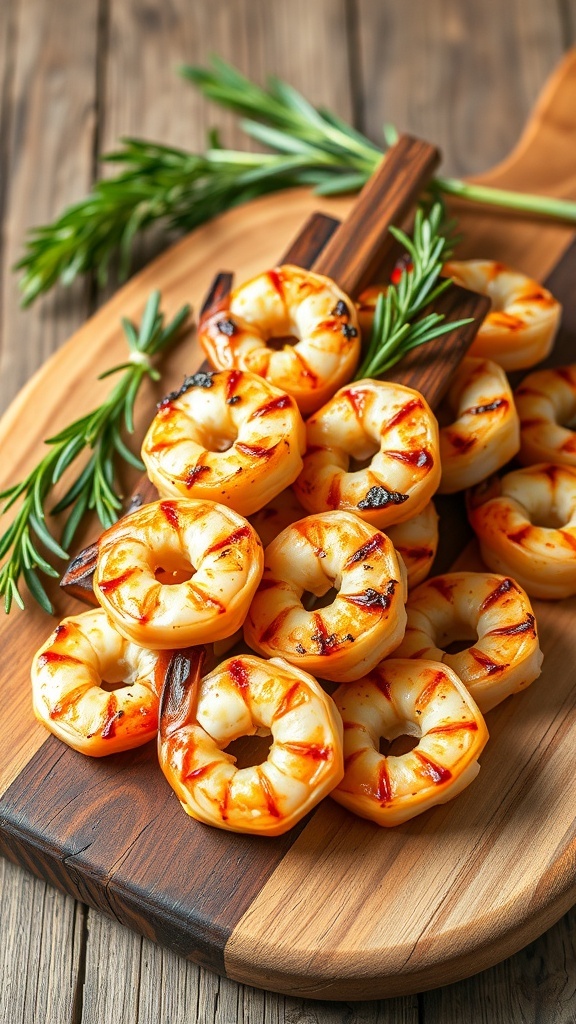 Grilled shrimp skewers with rosemary on a wooden platter
