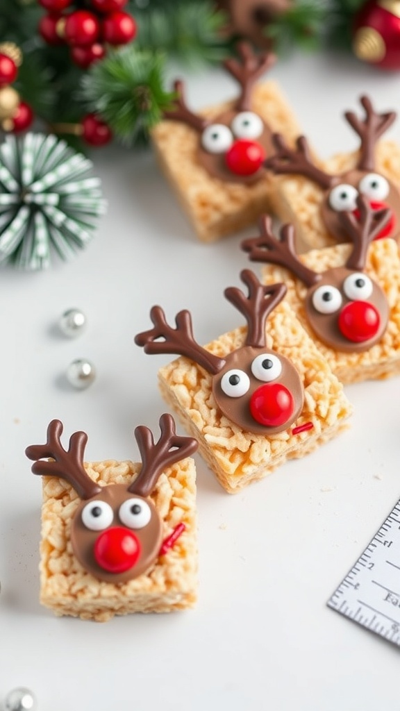 Rudolph Rice Krispie Treats decorated with chocolate candies and pretzels