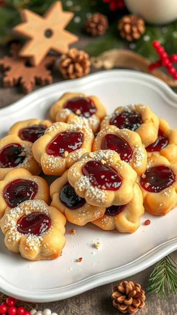 A plate of rugelach cookies filled with jam, decorated with powdered sugar.