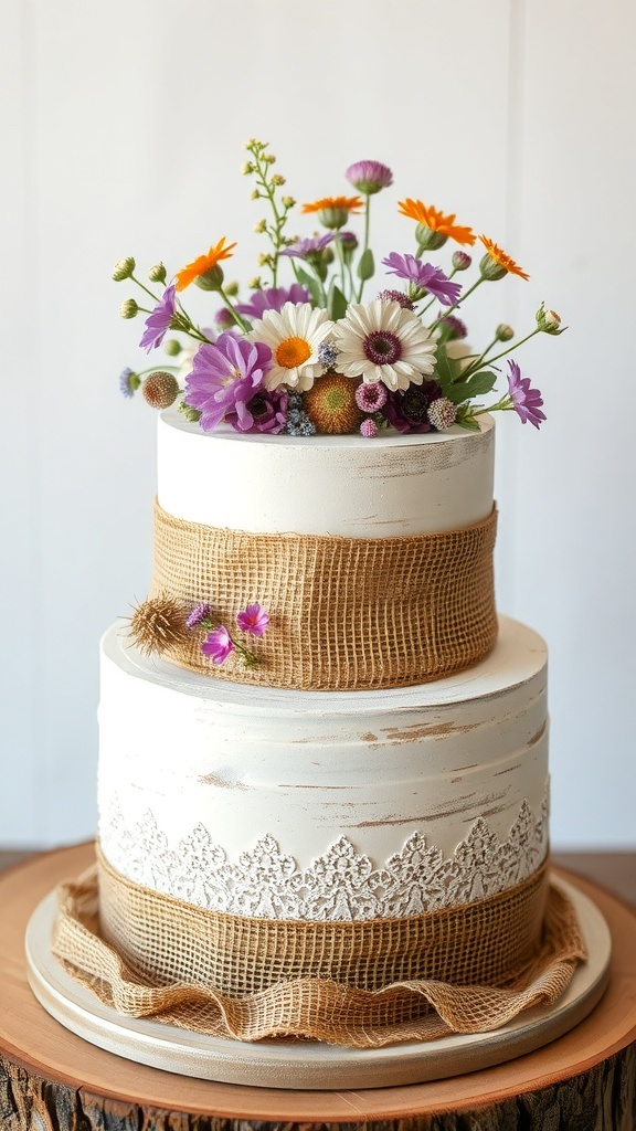 A rustic farmhouse cake decorated with fresh flowers and burlap.