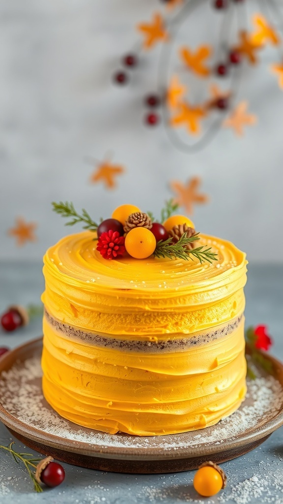 A beautifully decorated saffron infused holiday cake topped with seasonal fruits and greenery.