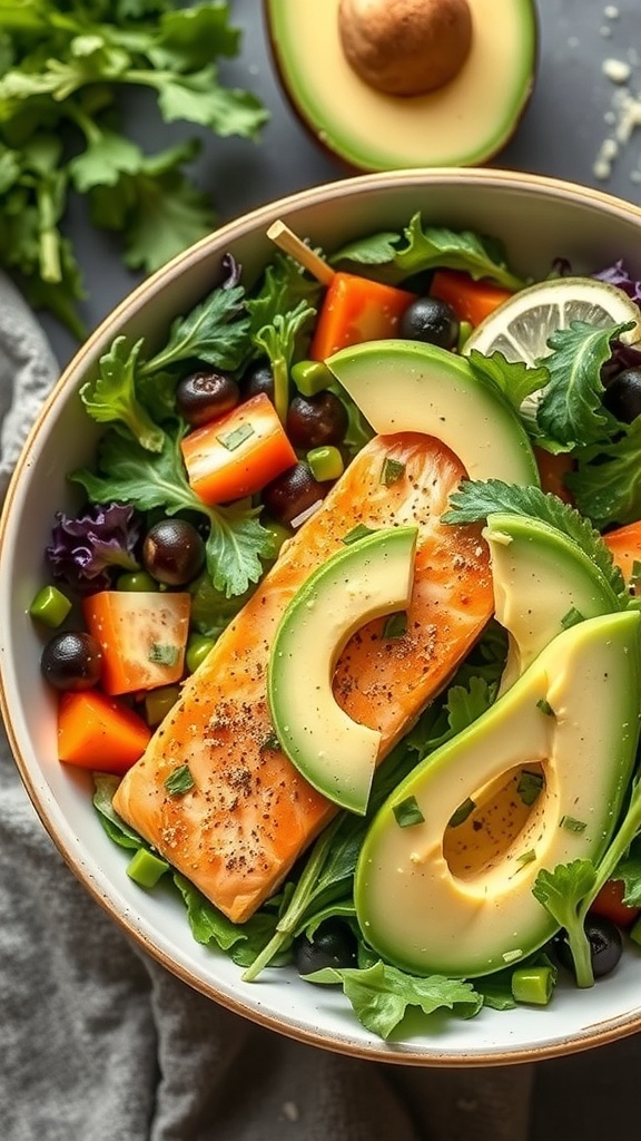 A colorful salmon and avocado salad with mixed greens, cherry tomatoes, and black olives.