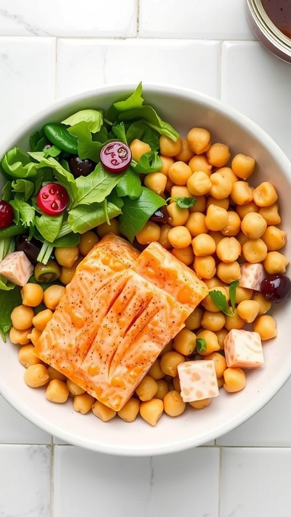 A bowl of salmon salad with chickpeas and greens.