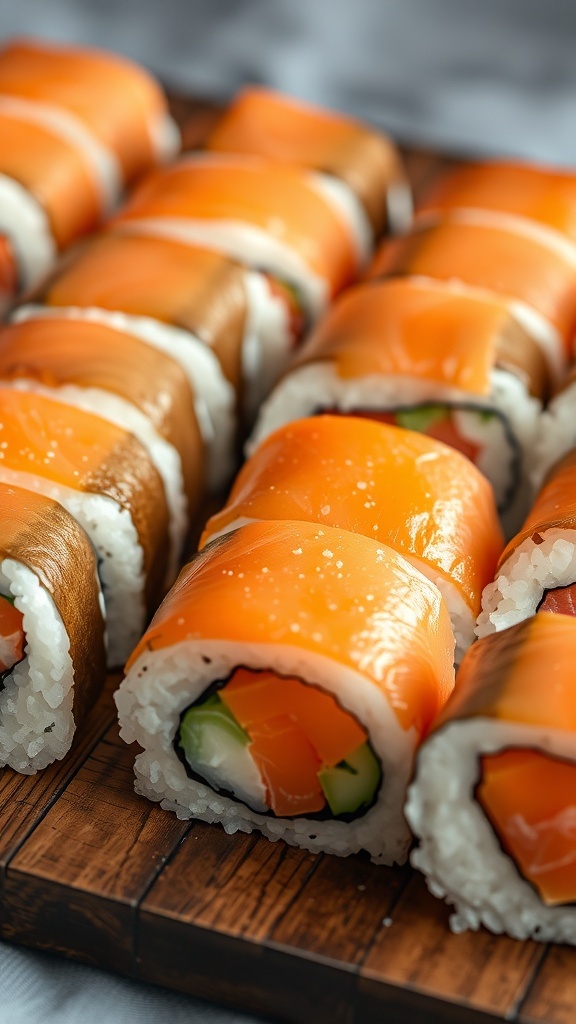 Close-up of salmon and cucumber sushi rolls on a wooden board