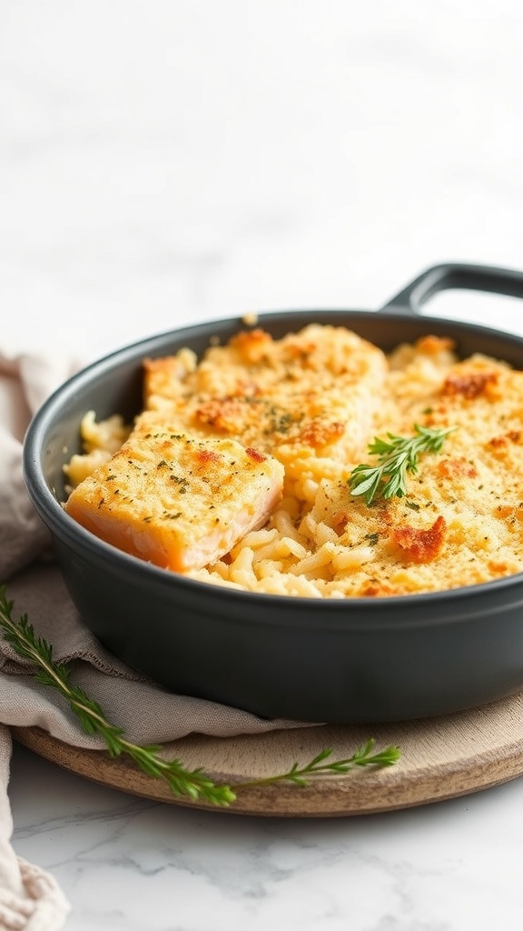 A delicious salmon and rice casserole in a black dish, garnished with herbs.