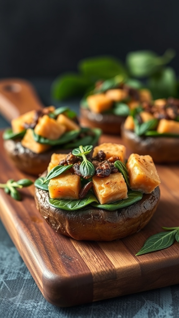 Stuffed portobello mushrooms with salmon and spinach on a wooden cutting board