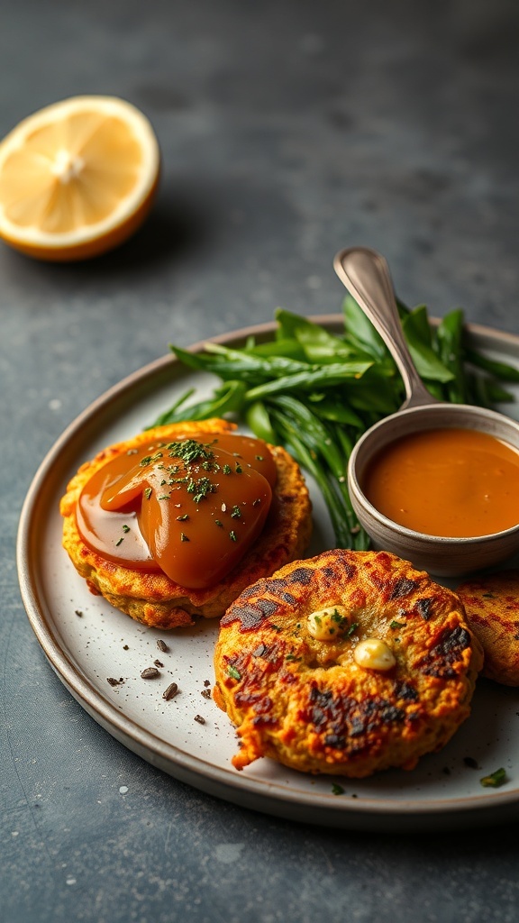 A plate of salmon and sweet potato cakes topped with a poached egg, served with green beans and sauce.