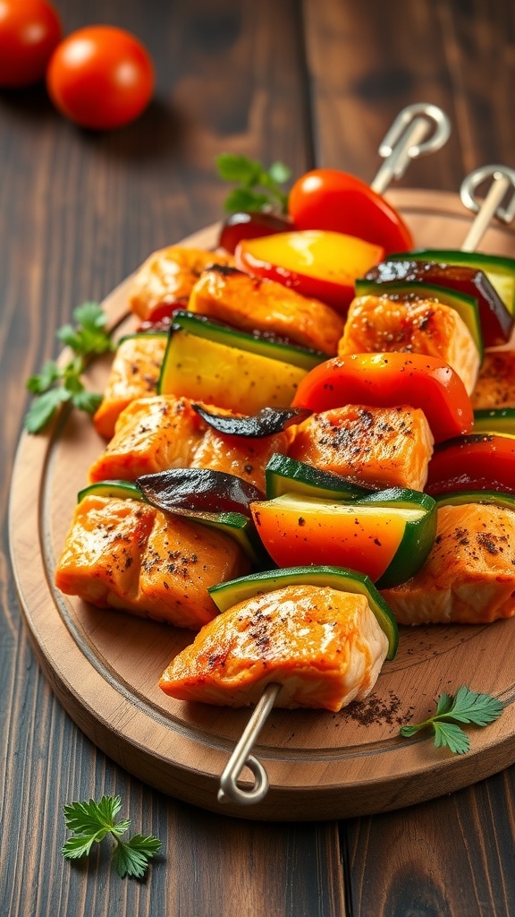 Delicious salmon and vegetable skewers on a wooden platter