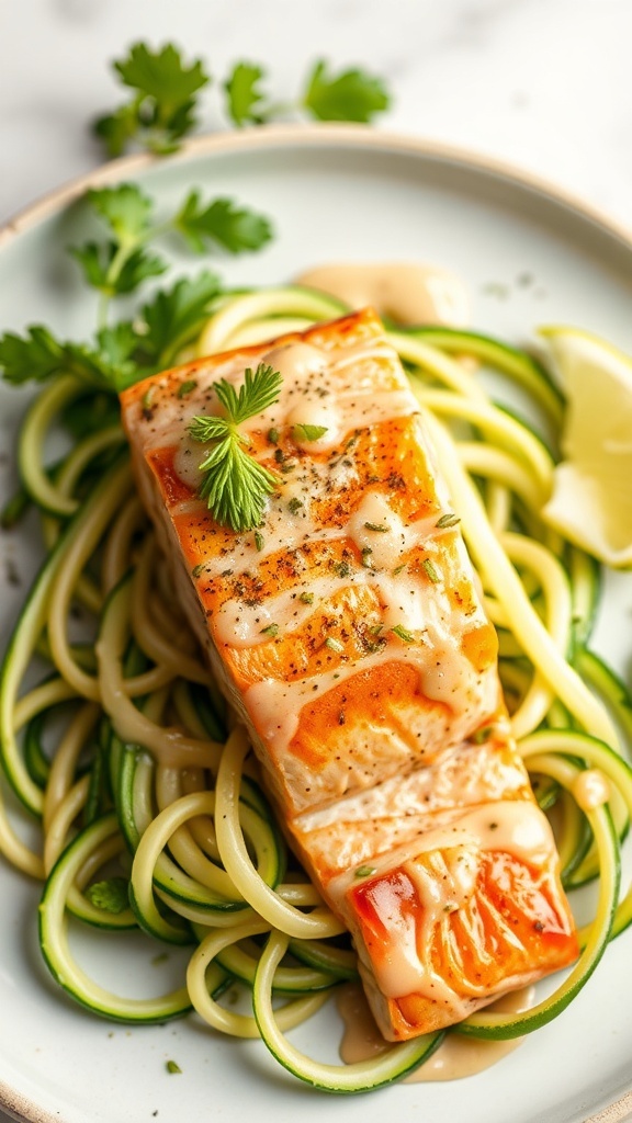 A plate of salmon on zucchini noodles, garnished with herbs and a drizzle of sauce.
