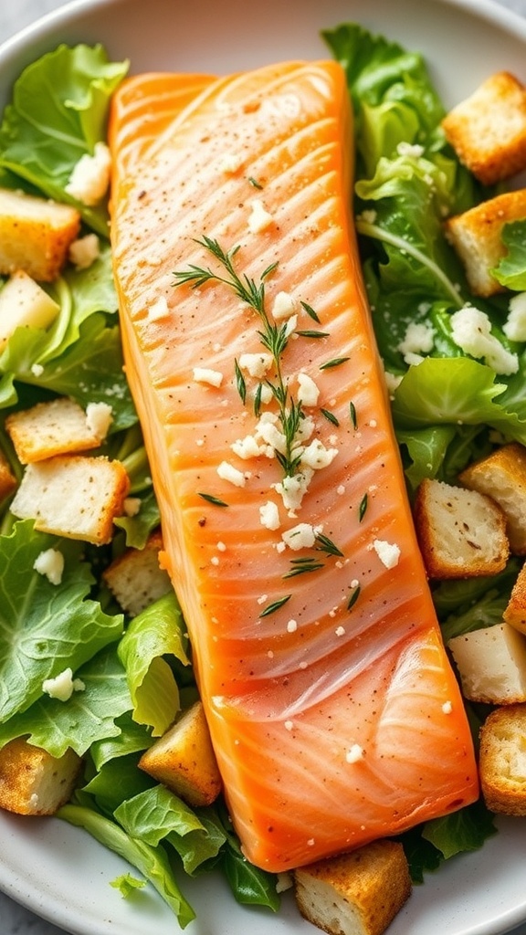 A bowl of Caesar salad topped with salmon, croutons, and fresh greens.