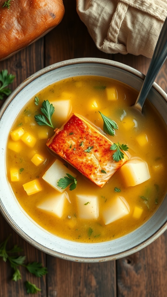 A bowl of salmon chowder with corn and potatoes, garnished with parsley.