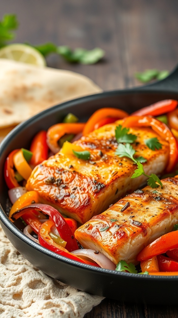 A skillet with grilled salmon fillets surrounded by colorful sautéed peppers and onions, served with tortillas.