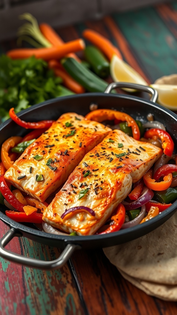 Salmon fajitas with colorful peppers and onions in a skillet