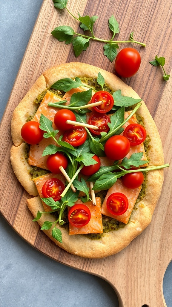 A delicious salmon pesto flatbread topped with arugula and cherry tomatoes on a wooden cutting board.