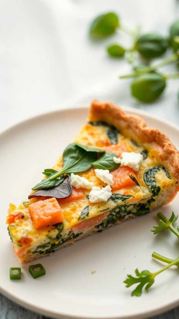 A slice of salmon quiche with spinach and feta on a plate, garnished with fresh herbs.